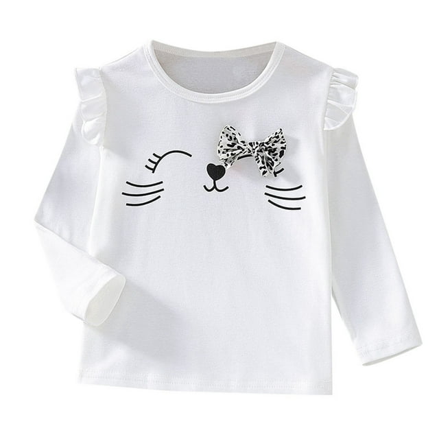 WEIYLL Spring Summer Tops for Girls Soft Crewneck Comfort Bow Basic Print Long Sleeve Blouse Child Clothes for 5-6 Years