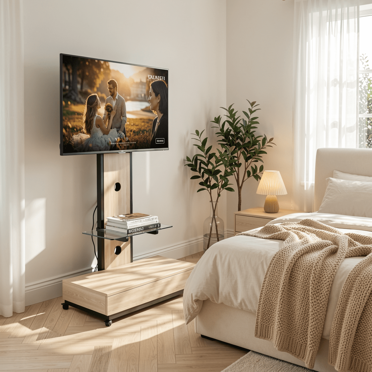 Homy Casa Mobile TV Stand for 32-75 Inch TVs with Wheels, Swivel Adjustable Height Glass Shelf and Storage Drawer