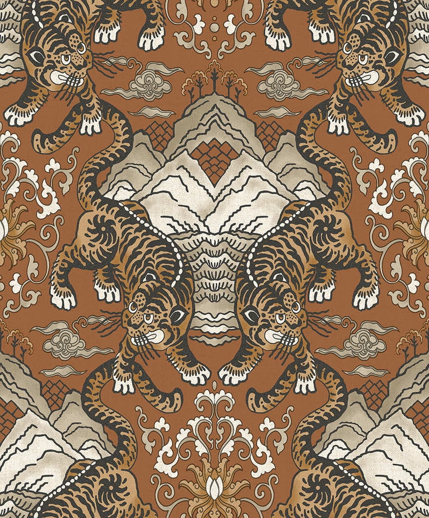 Burnt Orange Tiger Chinese Inspired Textured Wallpaper R8413