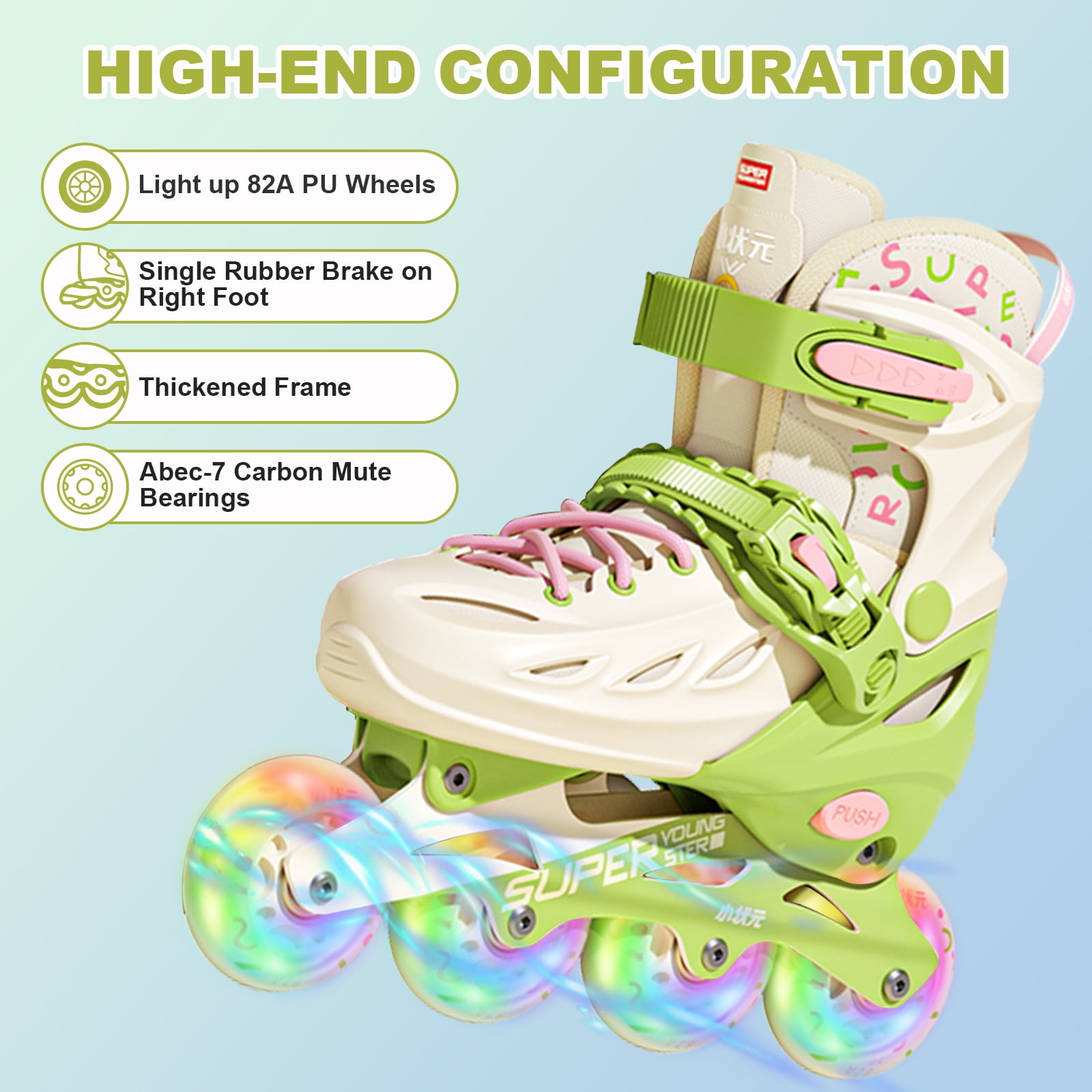 Adjustable Inline Skates with Light up Wheels, Outdoor Roller Skates for Kids Girls Boys Youth Beginners (Large, Green)