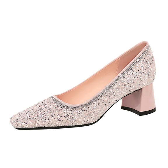 High Heels for Women Pink Diamante 5cm Block heel Pumps Square toe Sparkle Sequins Wedding Shoes for Bride Prom Party