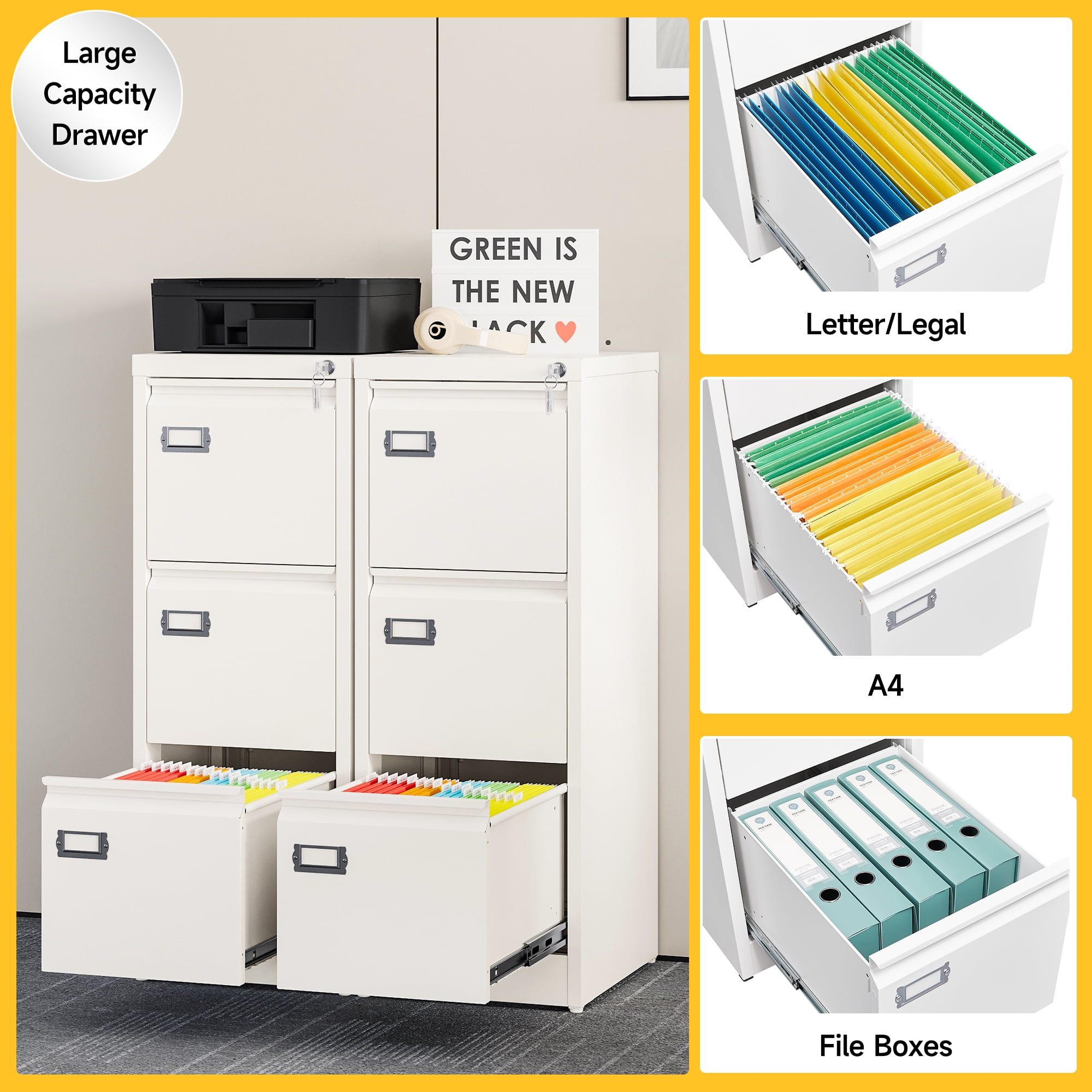 AUHUP 3 Drawer Metal File Cabinet with Lock, White Vertical Filing Storage Cabinet for Home Office