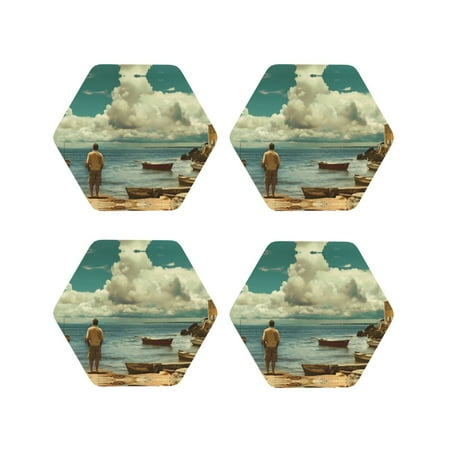 

Drink Coasters Set of 4 Serene Coastal Blue Sky Leather Coasters for Coffee Table Protector Heat Resistant Cute Coasters for Home Decor Housewarming Gifts Bar Kitchen 4 Inch Hexagon