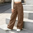 thumbnail image 2 of Xaqiouau Girls Cargo Pants Wide Leg Loose Fit Elastic Waist Casual Trousers with Side Pockets Kids Streetwear Full Length Pants School Daily Wear Brown 10-11Years, 2 of 9