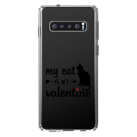 DistinctInk Clear Shockproof Hybrid Case for Samsung Galaxy S10  PLUS (6.4" Screen) - TPU Bumper Acrylic Back Tempered Glass Screen Protector - My Cat is My Valentine