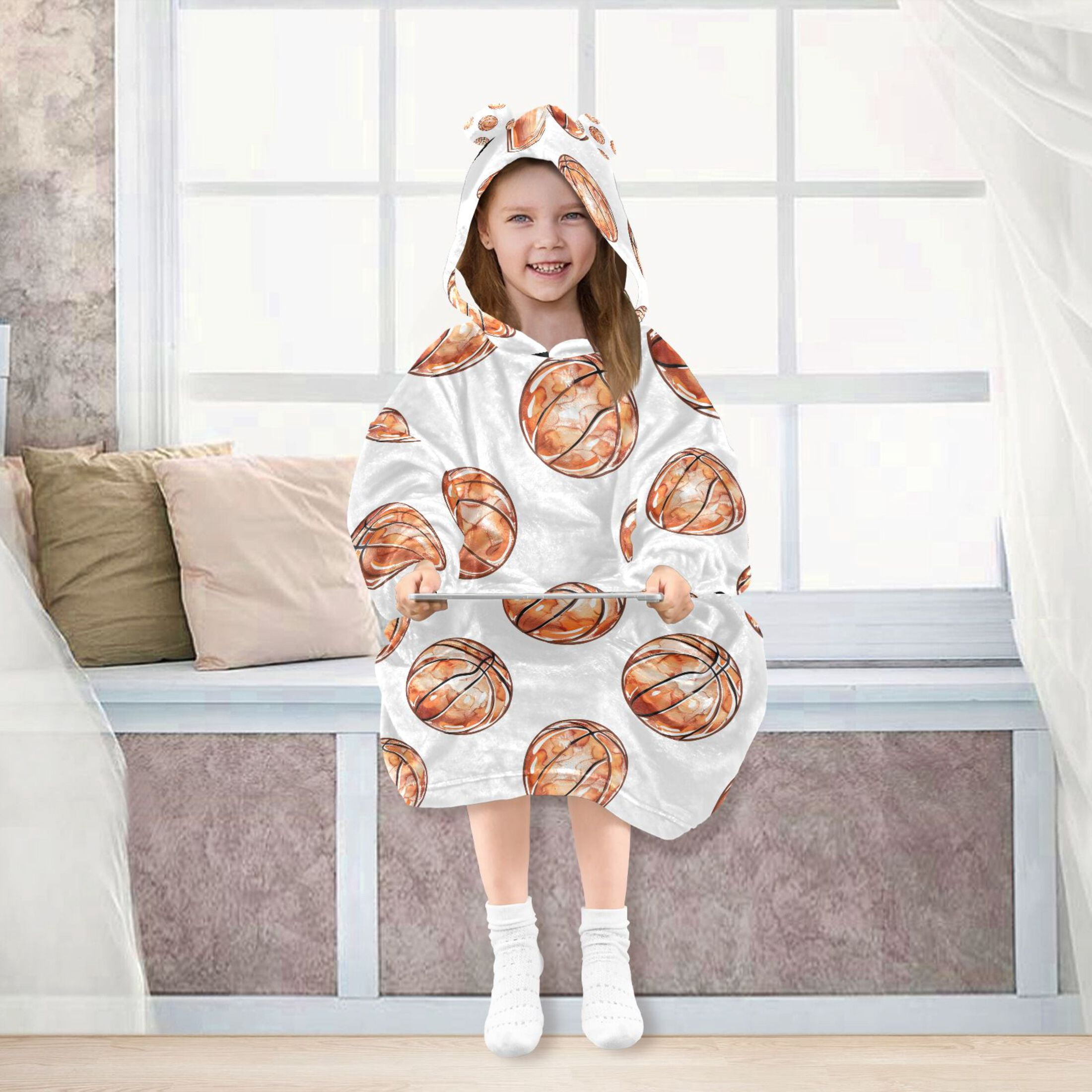 joogoo Wearable Blanket Hoodie for Watercolor Basketballs Oversized Sherpa Hooded 3-14 YR M