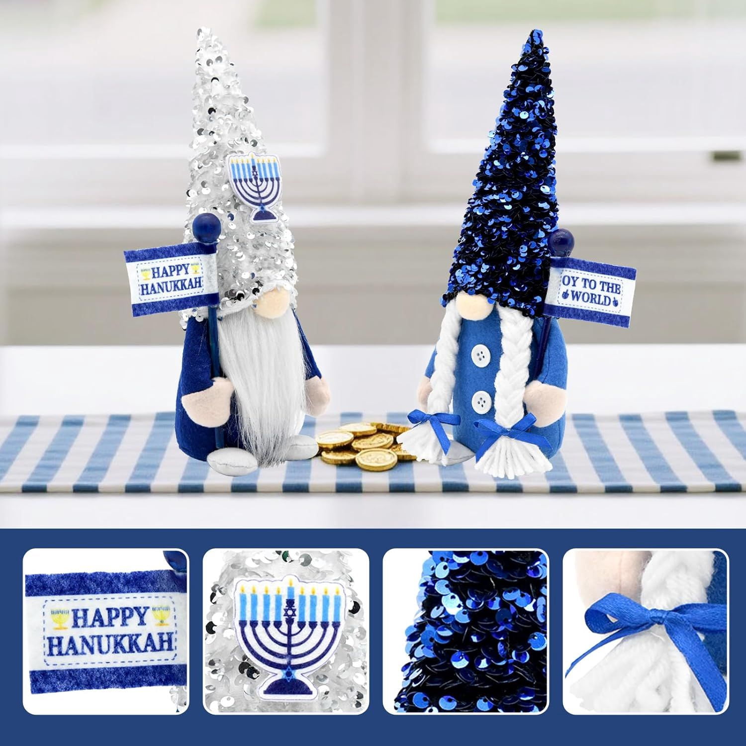 Hanukkah Gnomes Decorations for Home Indoor, Hanukkah Menorah Plush Decor, Jewish, Chanukah Ornaments Jewish Decorations for Party, Table and Tiered Tray Decor