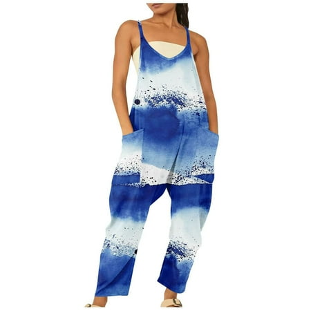 

REORIAFEE Women s Loose Jumpsuits V Neck Sleeveless Jumpsuit Floral Print Suspenders Women Onesie Romper Pajamas Bodysuit Oversized Cold Shoulder Vest Patchwork Jumpsuit Sexy Romper Blue XXXL