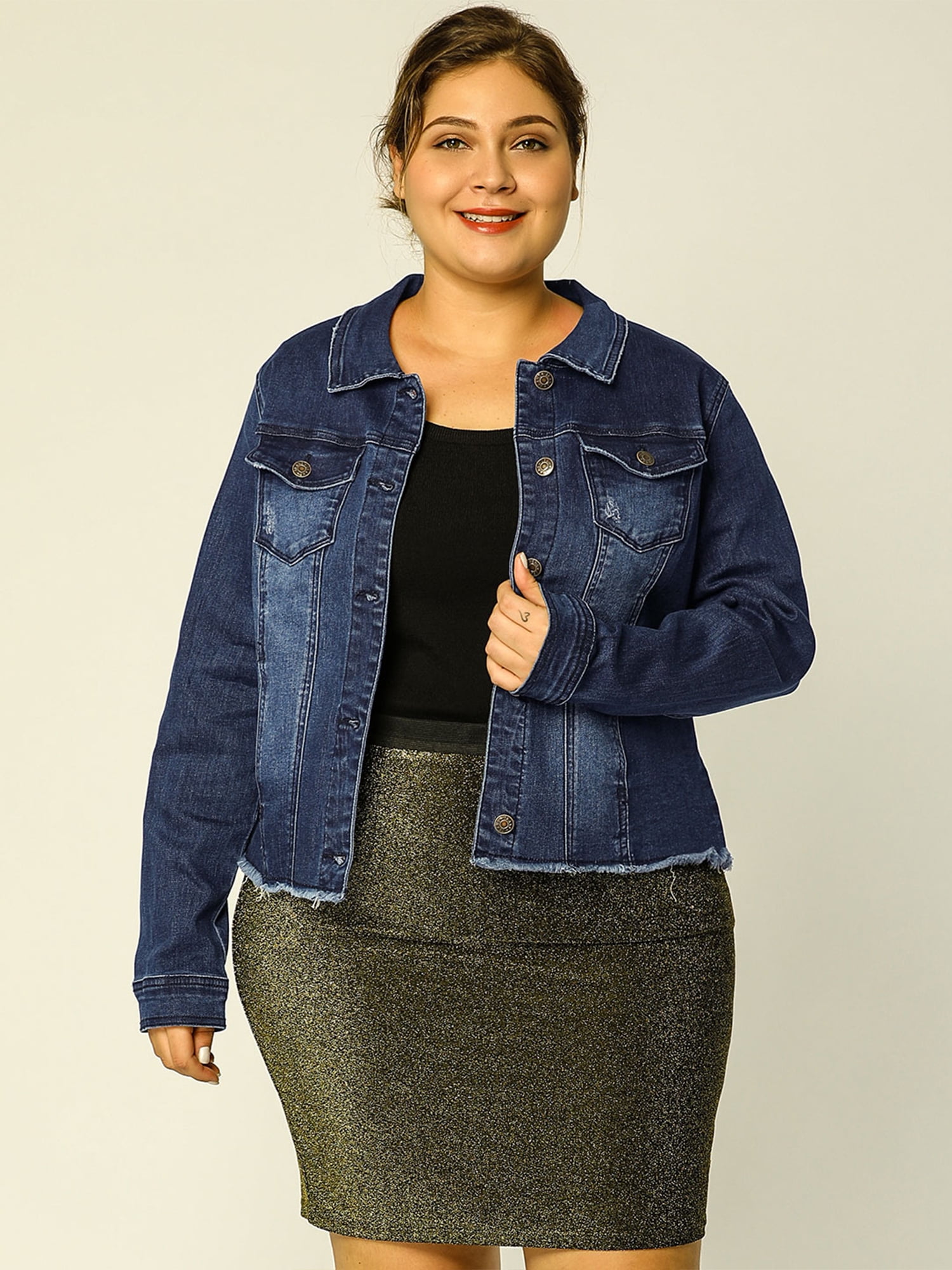 DARING DIVA Women's Plus Size Washed Front Frayed Classic Denim Jacket 6X Dark Blue