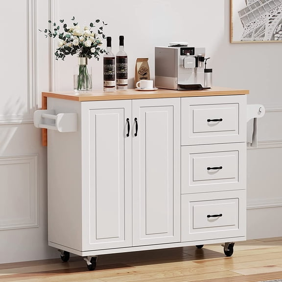 DreamCurship Kitchen Island on Wheels, Drop Leaf Kitchen Island Cart with Storage, Wood Countertop, Lockable Casters, White