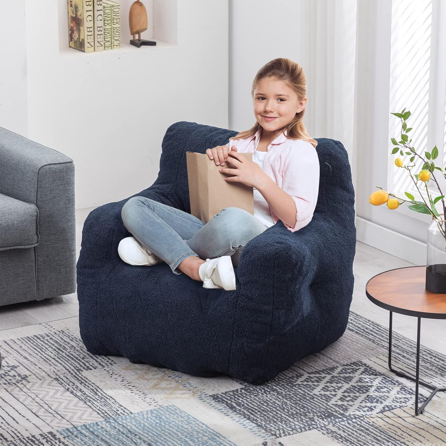 DreamBuck Bean Bag Chairs, Soft Tufted Foam Bean Bag Chair with Teddy Fabric for Adults and Kids, Comfy Lazy Sofa for Living Room, Bedroom, Big Bean Bag Chair for Gaming, Reading, Dark Blue