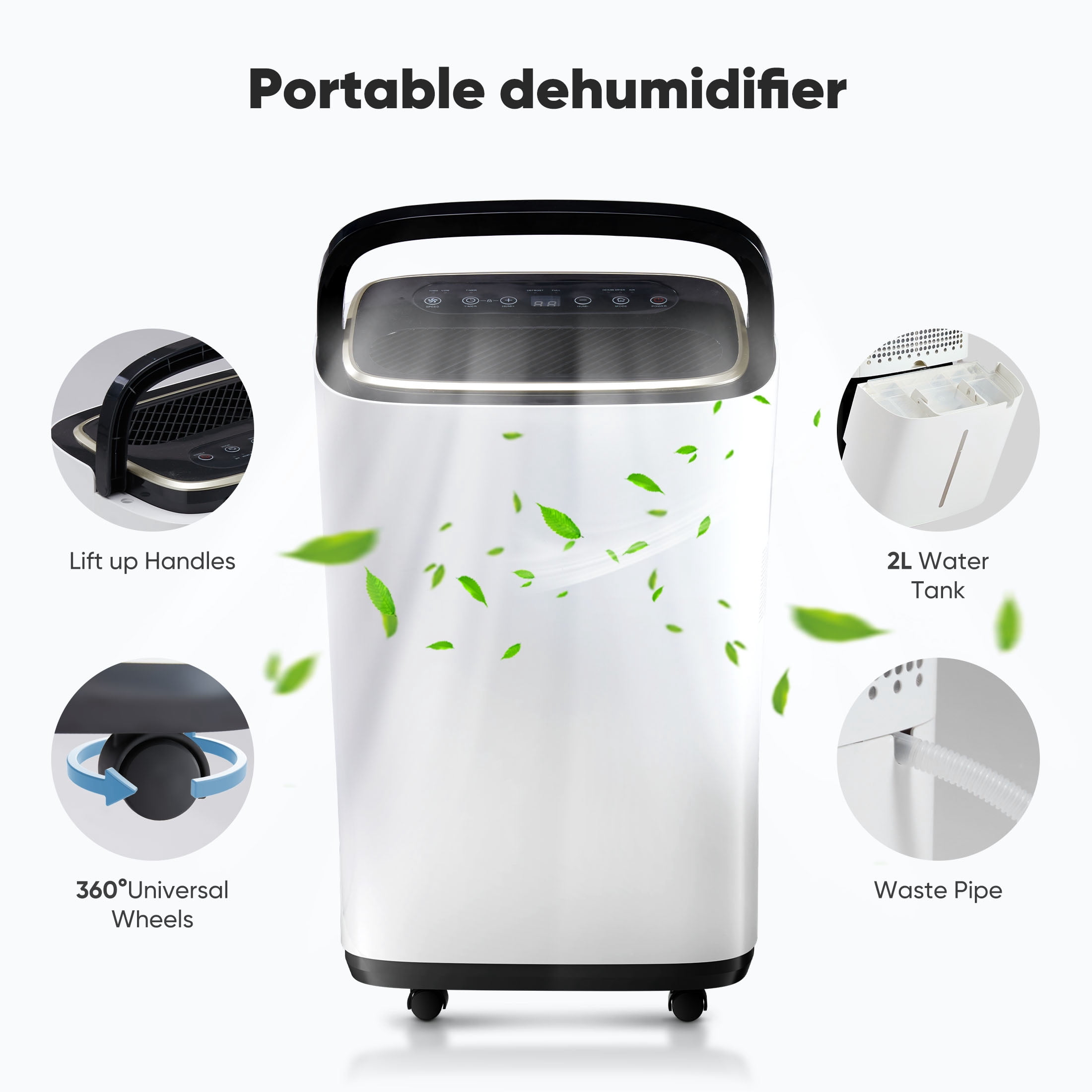 ZUNMOS 9-Pint Home Dehumidifier with Smart Humidity Control and 24-Hour Timer, 2,100 Sq. Ft. Coverage with Handle, Wheels and Drain Hose