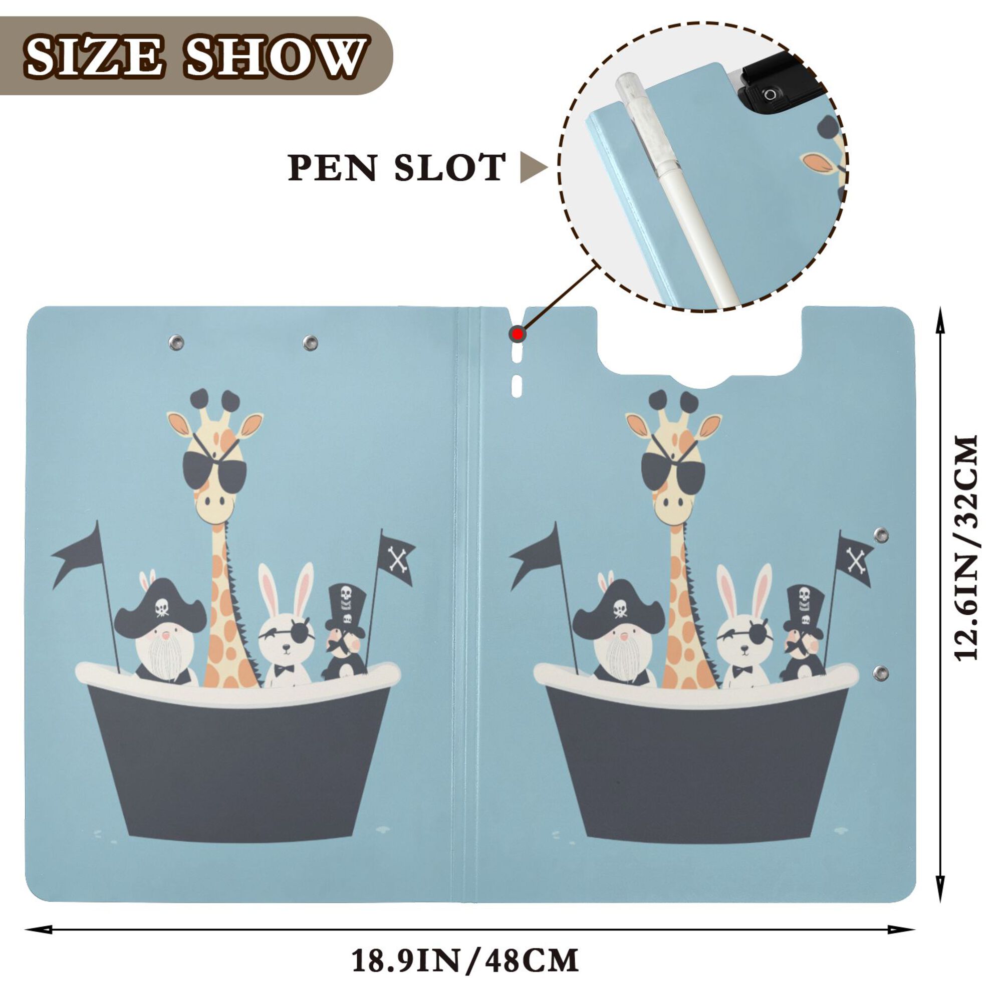 FORMRS A4 Clipboard Folder with Pen Holder Horizontal Foldable School Office Binder, Pirate Animals