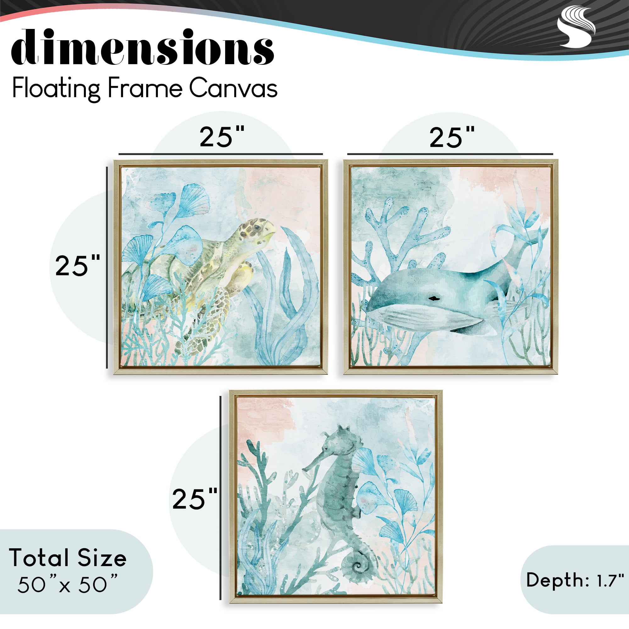 Stupell Industries Aquatic Animals Sea Swim 3 Piece Gold Framed Floater Canvas Set, design by Kim Allen