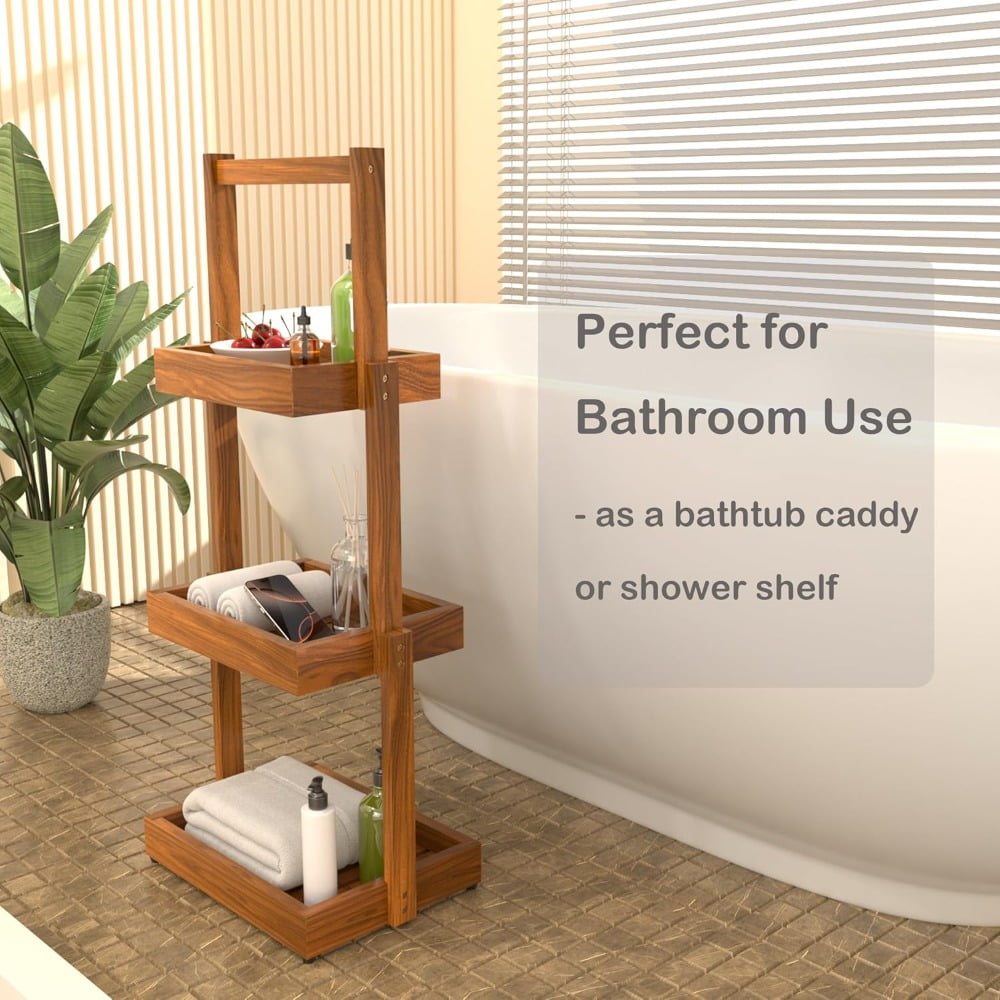 Teak Organizer for Bathroom Kitchen - Use as Shower Caddy Towel Holder Toilet Paper Storage Fruit Basket Spice Rack with Non-Slip Base