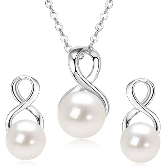 Leander Sterling Silver Pearl Jewelry Set with Shiny Moissanite, Real Freshwater Pearl Earrings Necklace for Women, Wedding Jewelry for Brides Bridesmaid, Mother's Day
