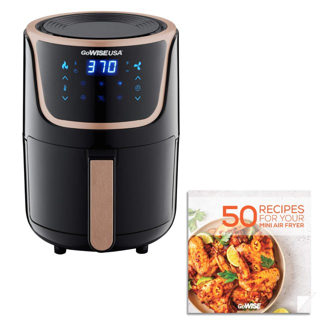 GoWISE USA - Mini freidora de aire eléctrica con visualización táctil digital + libro de recetas, 1.7 cuartos de galón hasta 2 cuartos de galón máximo, negro/cobre