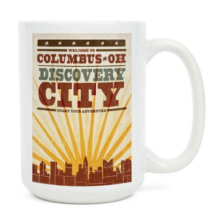 

15 fl oz Ceramic Mug Columbus Ohio Skyline and Sunburst Screenprint Style Dishwasher & Microwave Safe