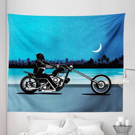 Navy Blue Tapestry, Art with Chopper Motorcycle Biker Riding Starry Night Sky Cityscape Silhouette, Fabric Wall Hanging Decor for Bedroom Living Room Dorm, 5 Sizes, Black Navy, by Ambesonne