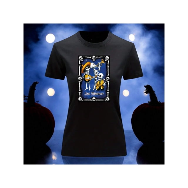 Playera Blusa Con Impresion De Los Musicos Alusivo A La Loteria Mexicana Dia De Muertos Tradicion Mexicana Color Negro Talla Mediana Marca Emil SaEs
