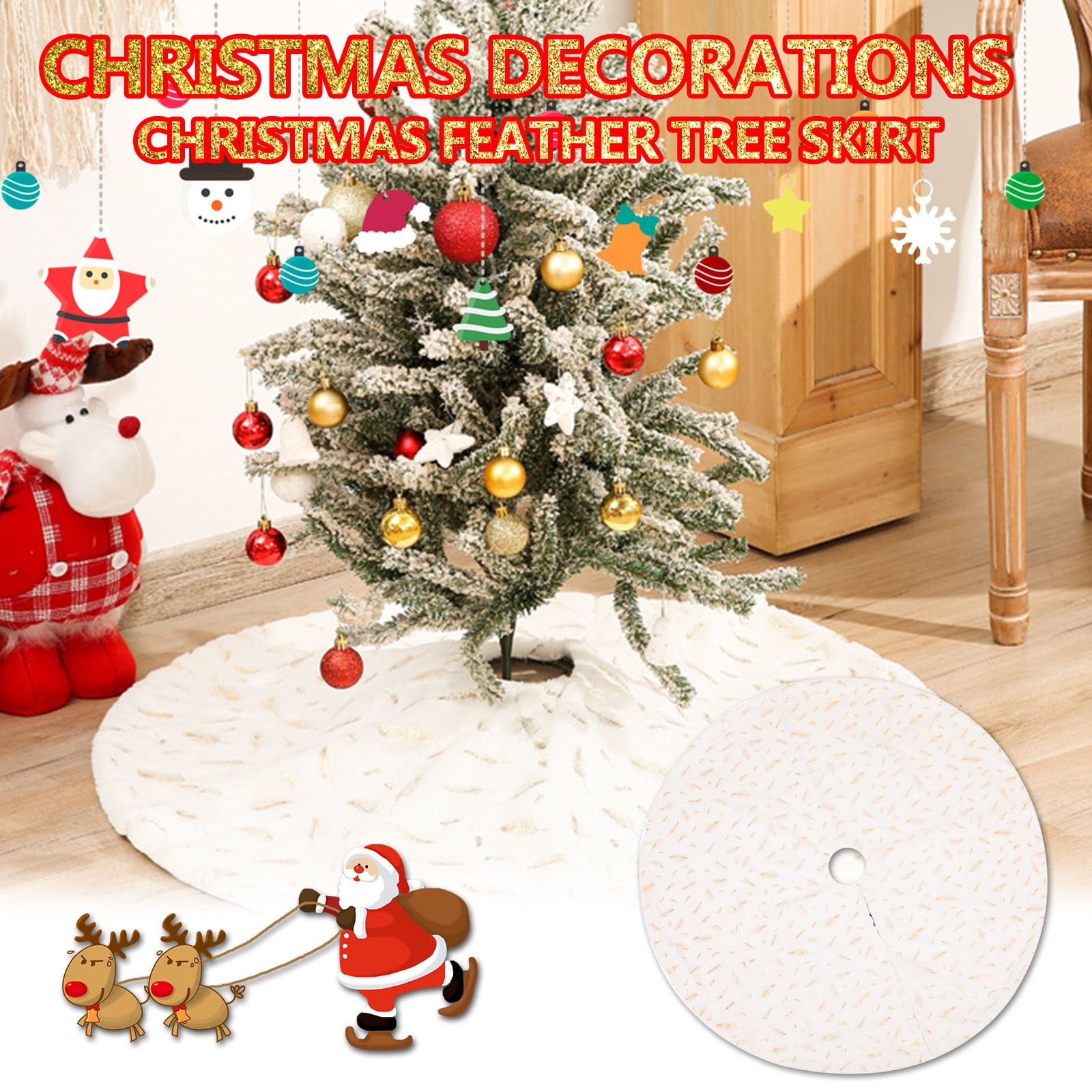 Jupe De Sapin De Noël 90 Cm - Peluche Blanche - Cache-pied Déco Avec Fermeture Auto-agrippante - 12