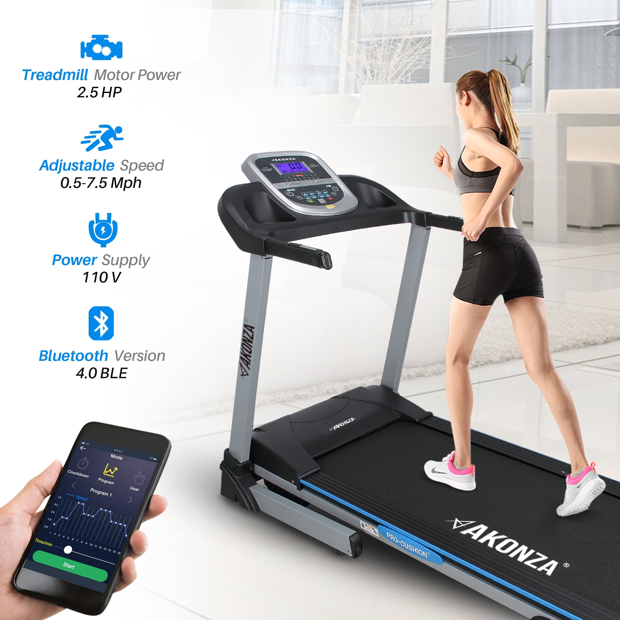 AKONZA Electric Exercise Fitness MP3 Phone 2 Cup Holder Steel Treadmill