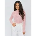 thumbnail image 4 of Women Sexy- See Through Long Sleeve T-Shirts Mesh Sheer Skinny Rib Scalloped Trim Tees Blouse Top Outfits Pink M, 4 of 7