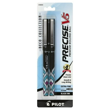 Pilot Deco Collection Precise V5 Premium Rolling Ball Extra Fine (0.5 mm) Black Ink Pen, 2 (Best 0.5 Mm Pen)