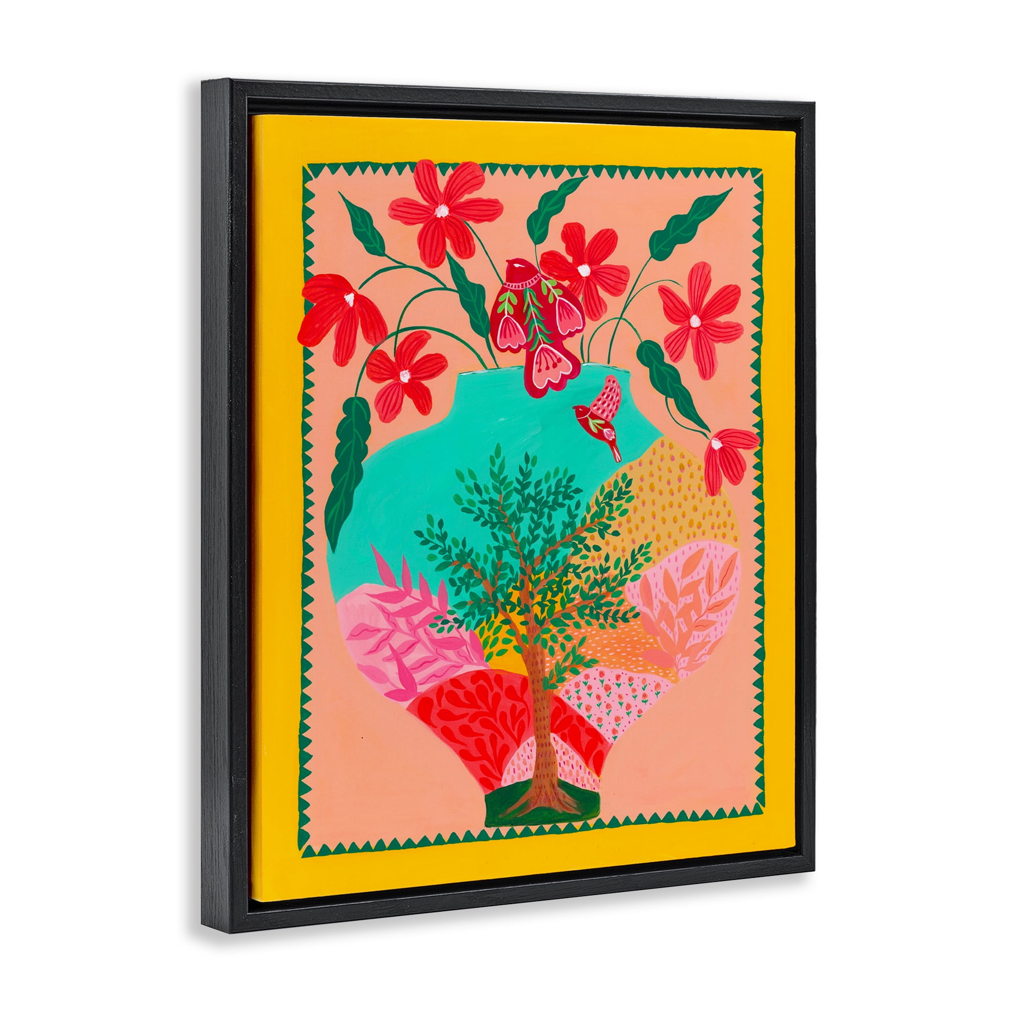 Folk Patterned Hope Vase Black Framed Floater Canvas Wall Art, design by Nabeela Rumi