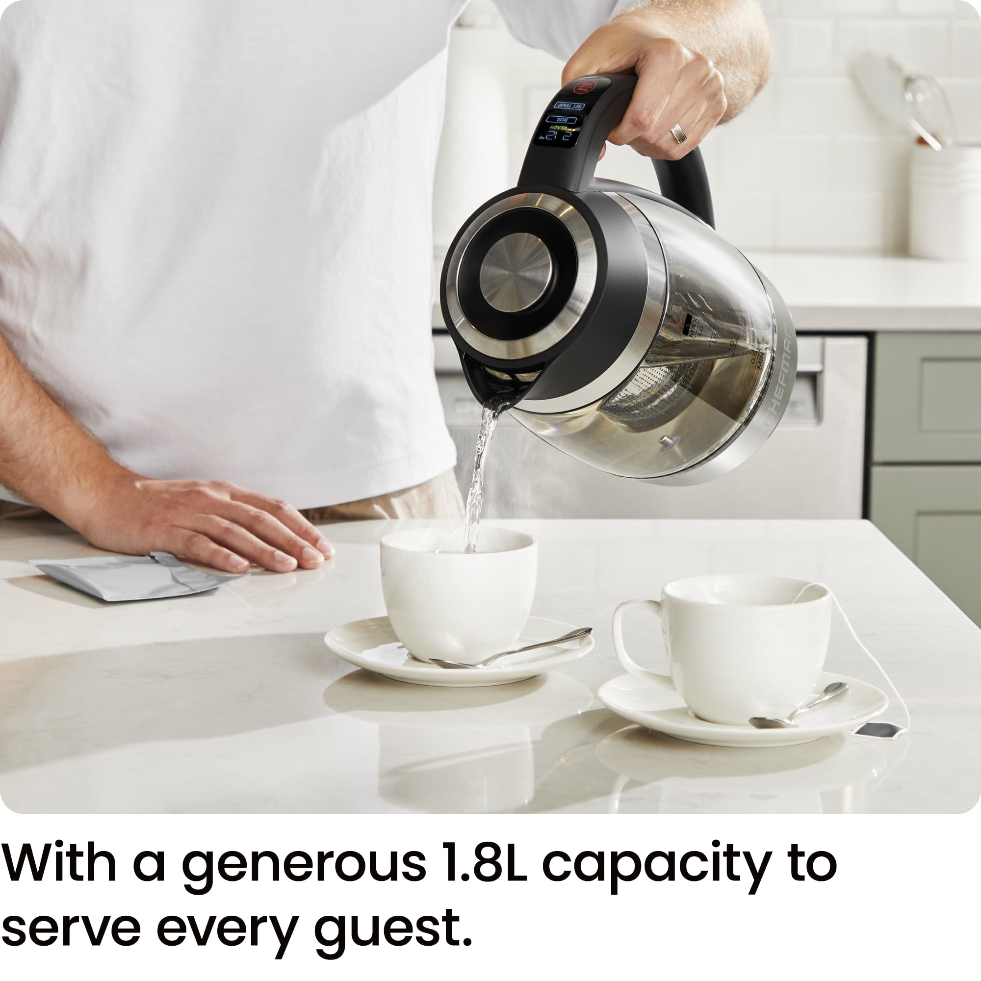 Chefman Lightning 1.8L Custom-Temp Electric Kettle, 1750W with Tea Infuser - Stainless Steel, New