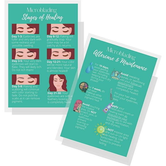 Eyebrow Microblading Healing & Aftercare Instructions Postcards  Package of 30  Double Sided Size 4 x 6" inches Postcard  Green with Colorful Icons Design