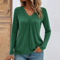 thumbnail image 2 of VISALY Long Sleeve Shirts V Neck Basic Tee Shirts Dressy Casual Blouses Basic Layers Loose Fit Soft Casual Pleated Tops Flowy Tops Smocked Tops Modest Blouses Solid T-Shirts Fall Outfits Green L, 2 of 4
