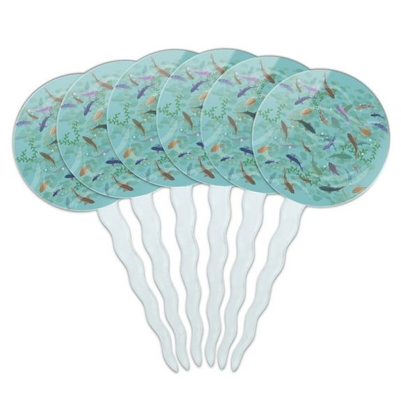 Fish Swimming In River Pattern Cupcake Picks Toppers Decoration Set of 6