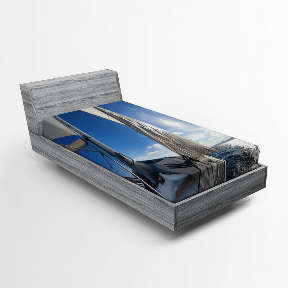 Sailboat Fitted Sheet, Sailing Boat in the Sea Maritime Speedy Beaming