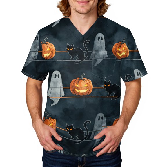 Domuza Halloween Scrub Tops for Men Horror Novelty Graphics V-Neck Short Sleeve Carer Uniform Shirts Comfy Soft Classic Fit Medical Scrub Tops L