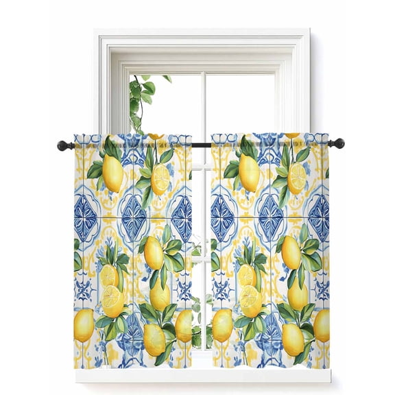 Botanical Lemon Curtains 45 Inch Length, Sheer Curtains for Bedroom Living Room Window Spring Countryside Floral Blue Tile Rod Pocket Voile Drapes Kitchen Curtains Small Half Window 42"x45" 2 Panels