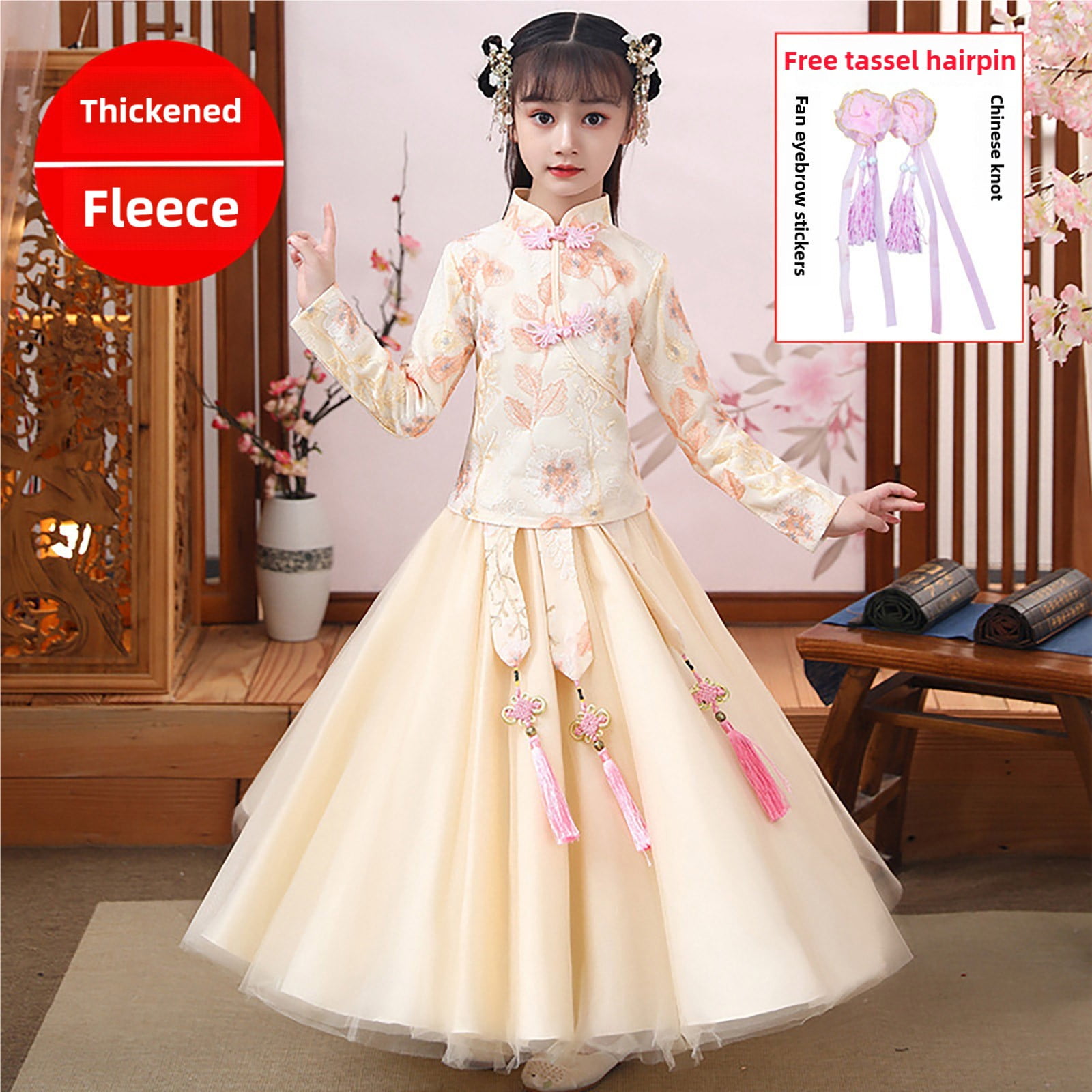 Coerni Toddler Baby Girls New Year's Tang Suit Sets Chinese Ancient Clothing Sets Vintage Long Sleeve Floral Top Dress 2Pcs Outfits