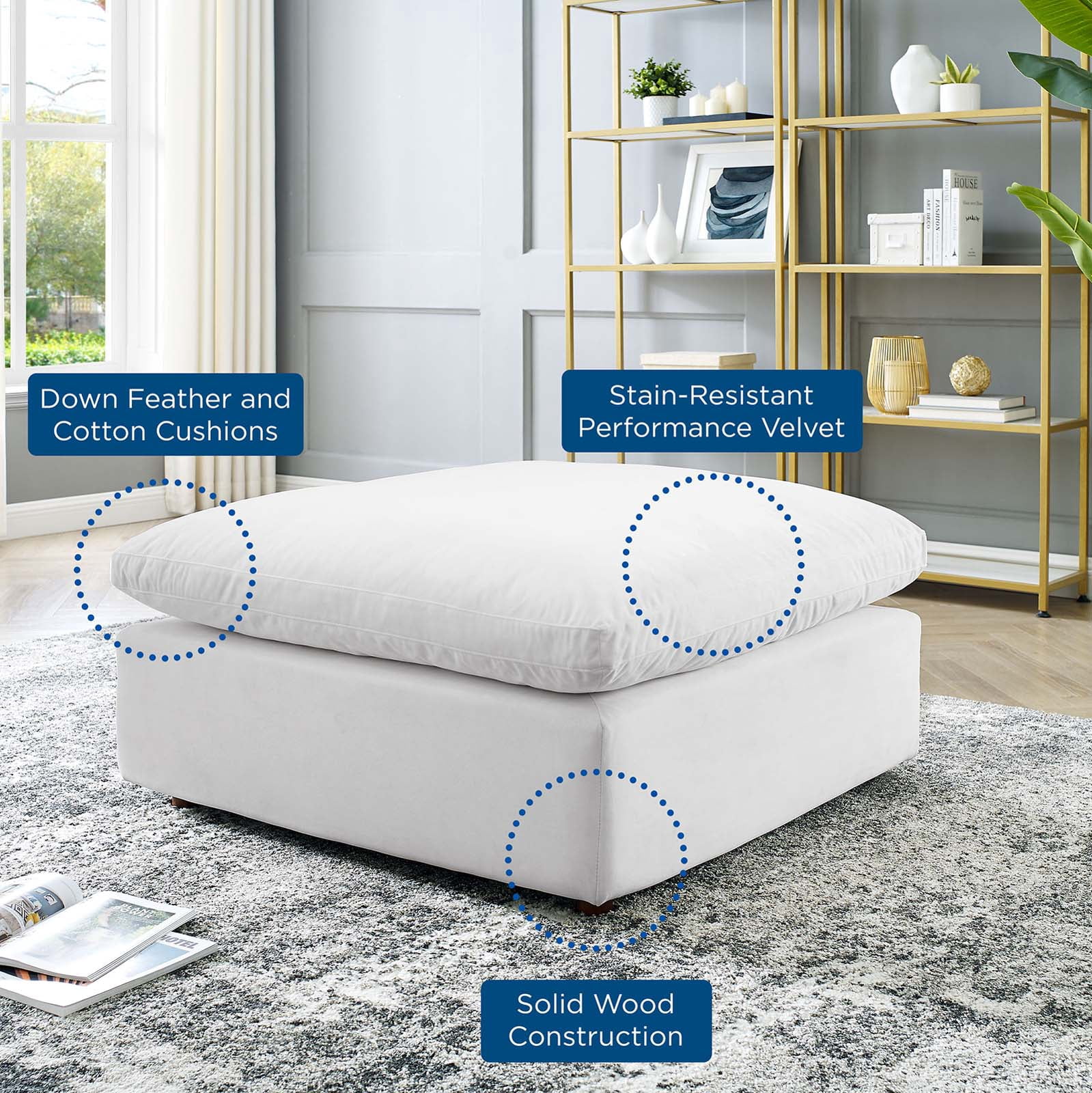 Modway Commix Down Filled Overstuffed Performance Velvet Ottoman in White