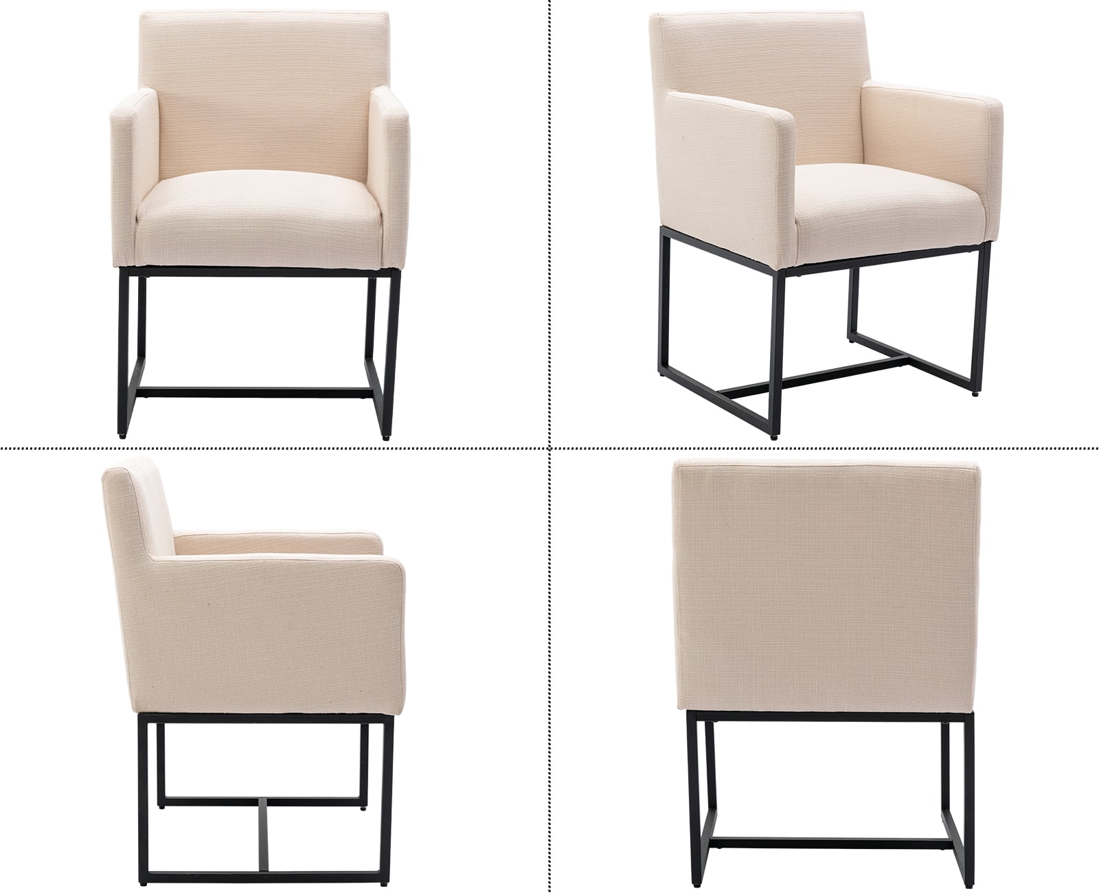 Guyou Modern Linen Upholstered Dining Chairs Set of 2, Kitchen Chairs with Arm and Black Finish Metal Frame, Accent Armchair with back for Living Room Dining Room Bedroom Reception Room, Cream