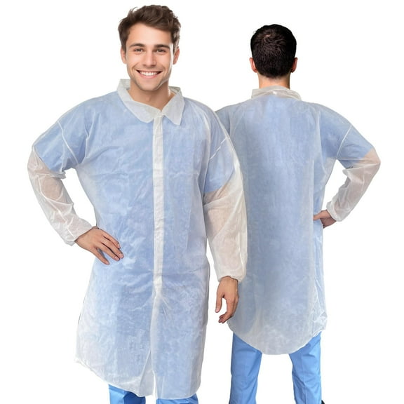 White Disposable Lab Coat, 2X-Large. 10 Pack 35 GSM Polypropylene Fabric Protective Coat. Knee-Length Disposable Lab Coats for Adults with Elastic Wrist, Loop Fasteners, No Pockets