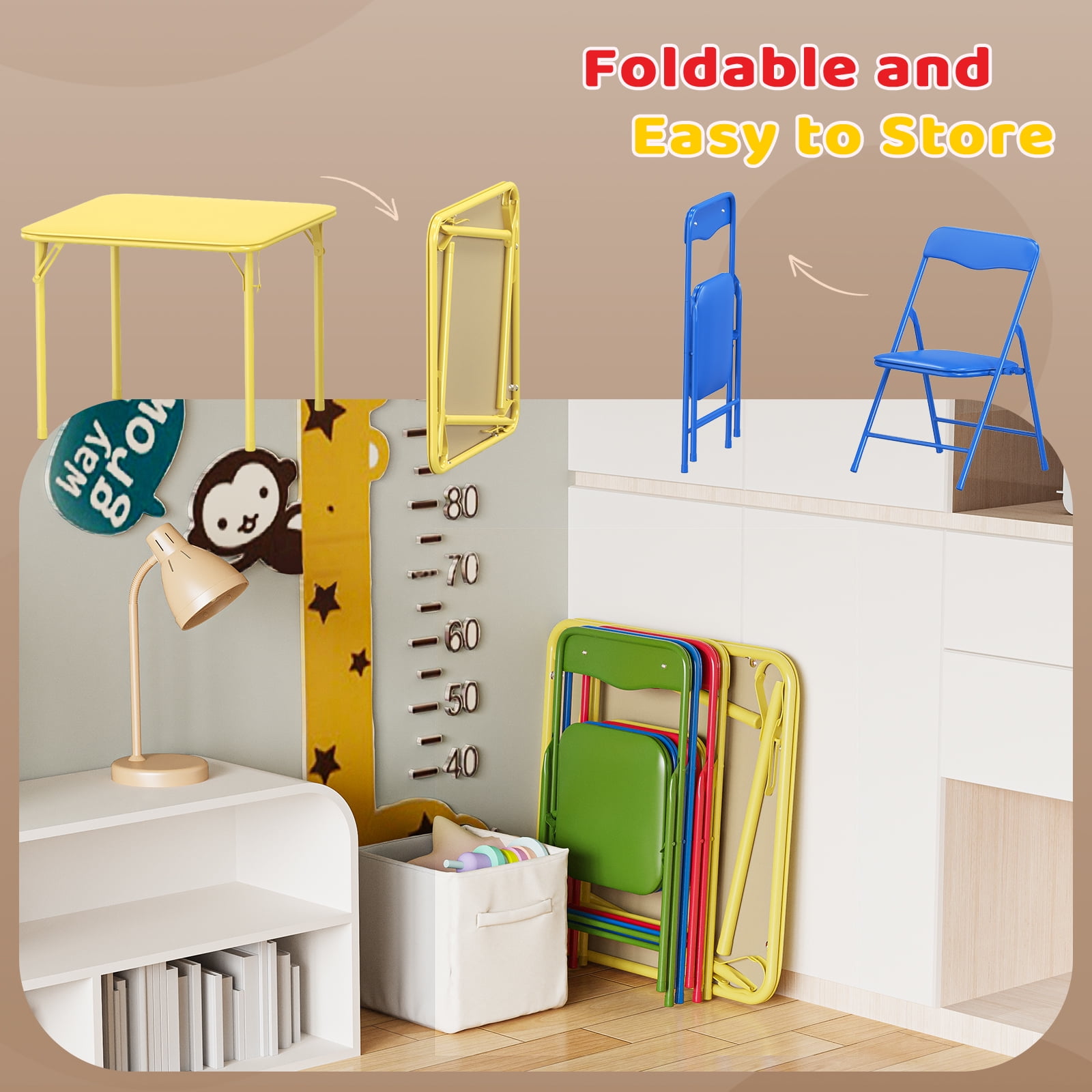 Matladin 5-Piece Kids Table and Chairs Set, Metal Frame Children's Activity Set with Easy-Fold Design, Kids Folding Table and Chairs, Multicolour