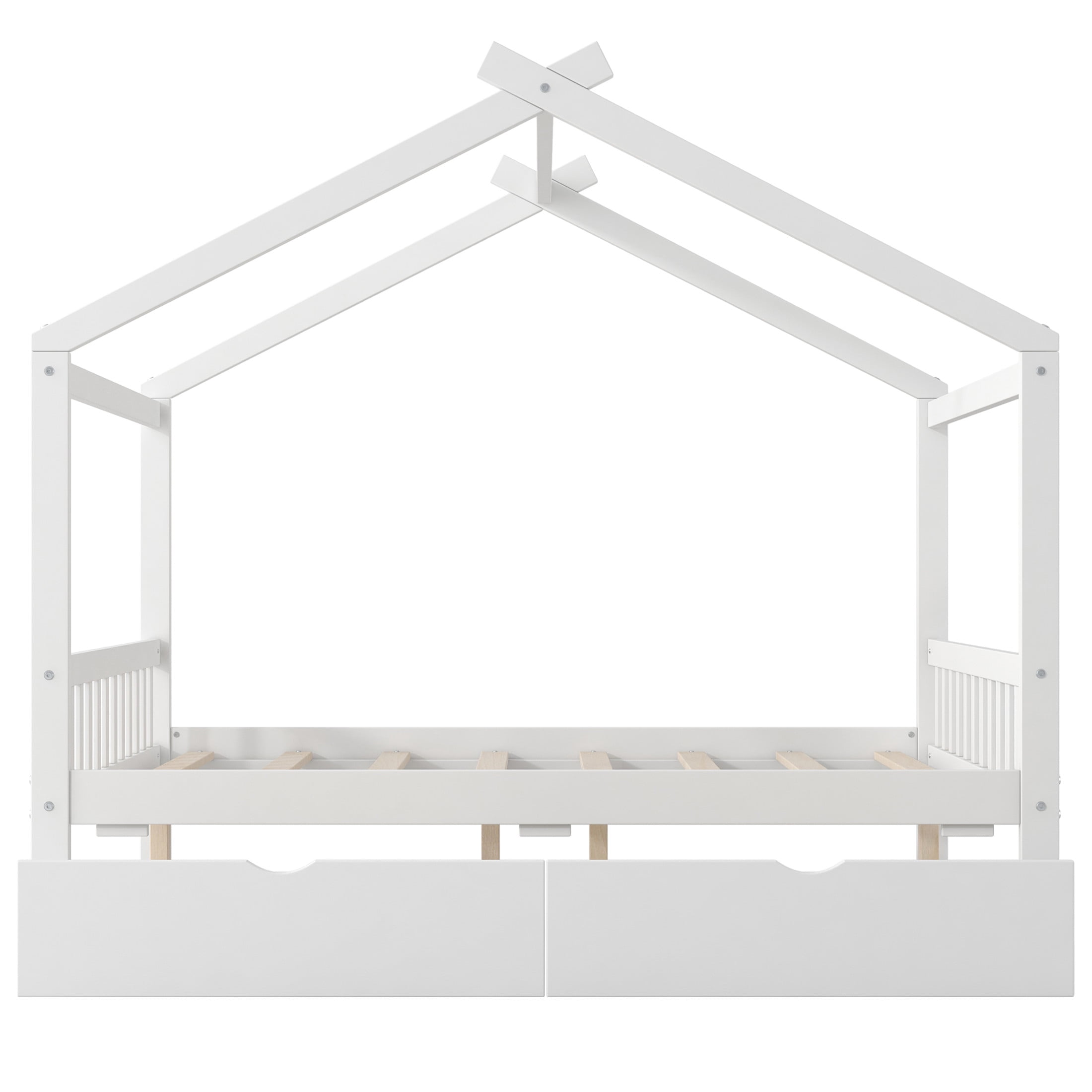 Noble House Clavell Full Size House Bed with 2 Storage Drawers, Headboard and Footboard, Playful Roof Design, White