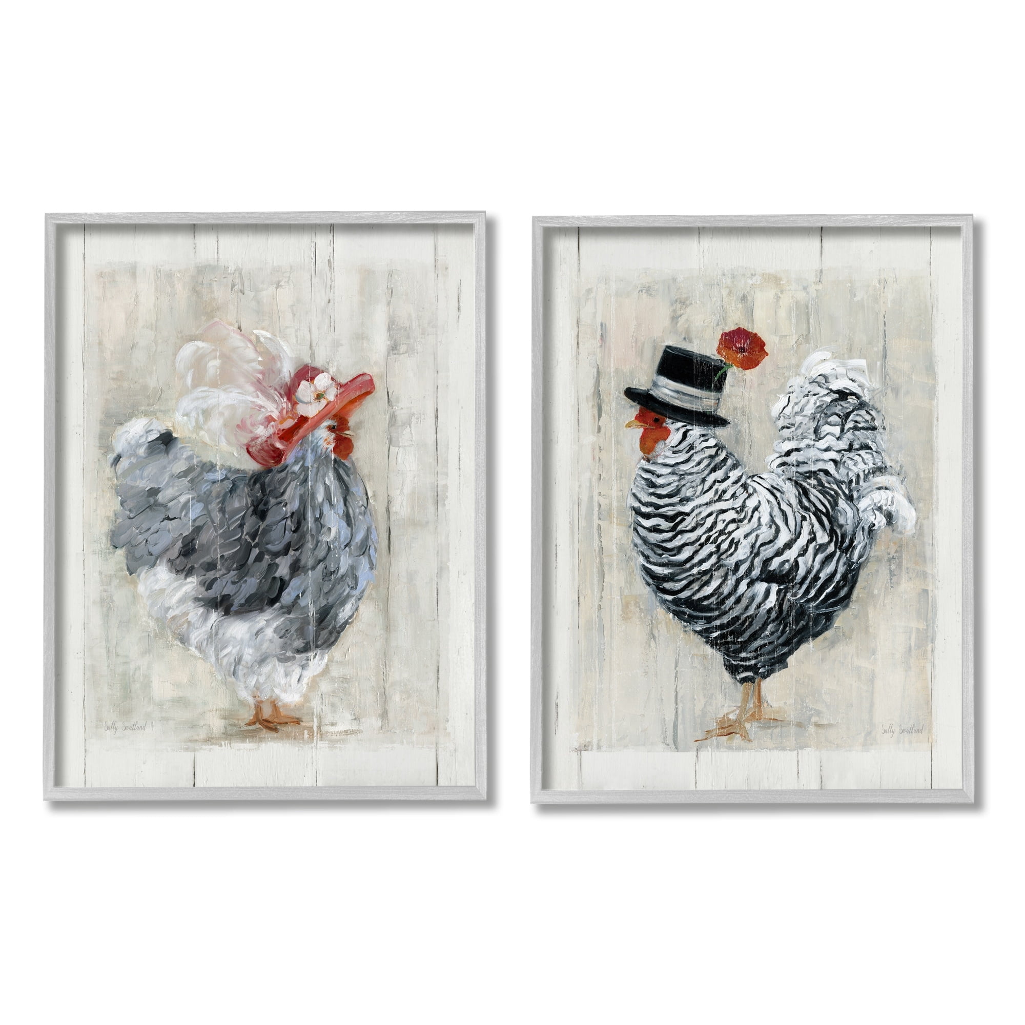 Stupell Industries Farm Rooster and Hen Vintage Birds Brim Hats, 16 x 20, Design by Sally Swatland