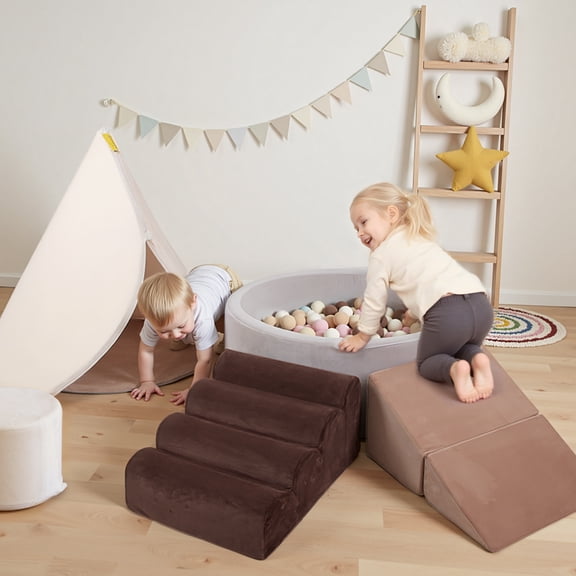 Benarita Foam Climber with Tent & Ball Pit, Toddler Indoor Soft Play Climbing Blocks, Educational Kids Playhouse, Coffee & Beige