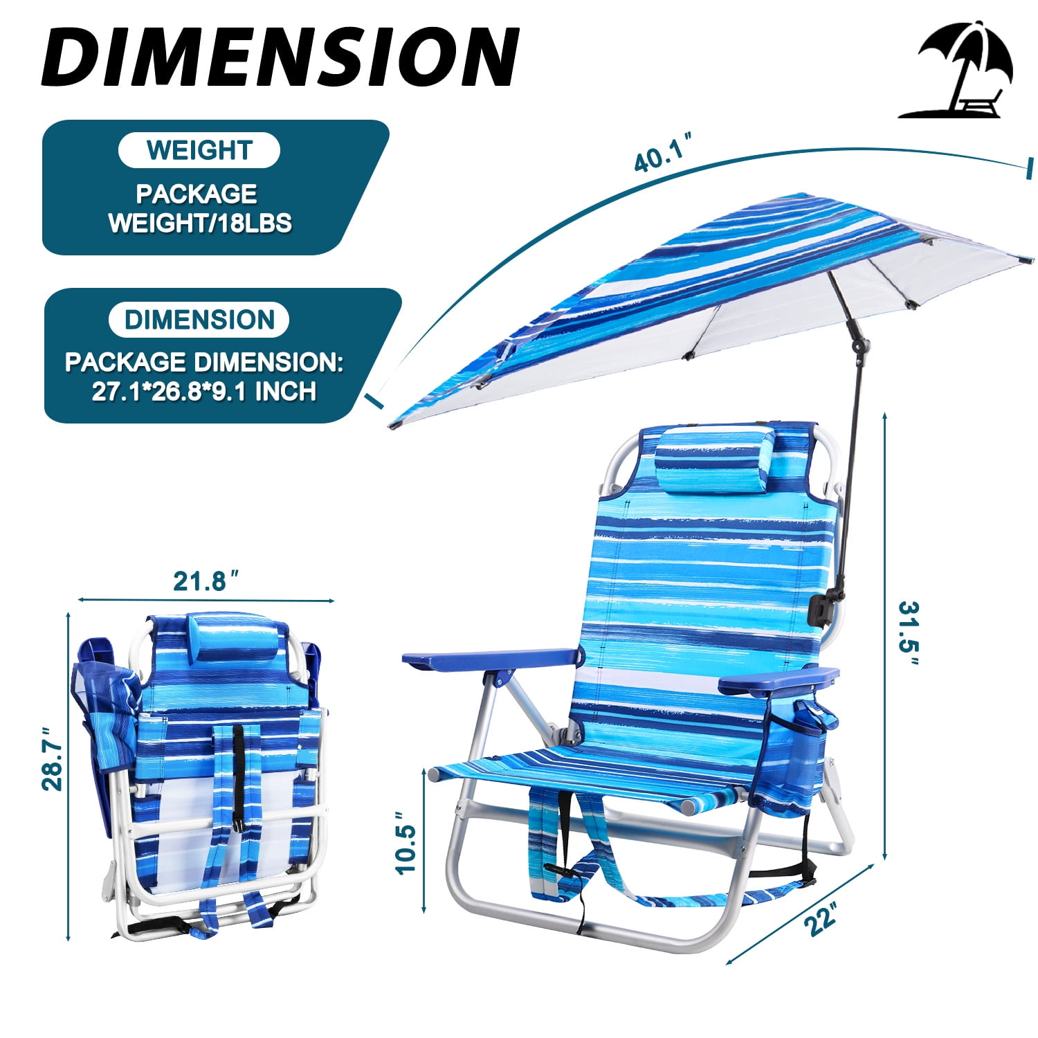 BOSSIN Backpack Beach Chair with Umbrella for Adults, Folding Heavy Duty Camping Chair with Large Pockets, Cup Holder and Towel Rack