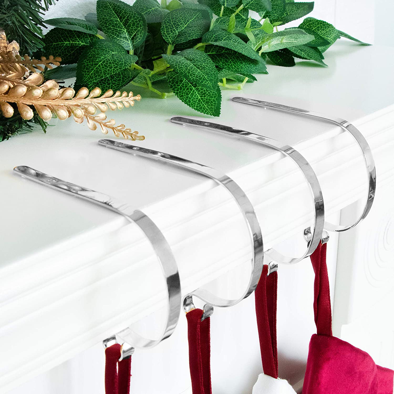 Set of 4 Metal Christmas Stocking Holder Hooks Fireplace Hanger with