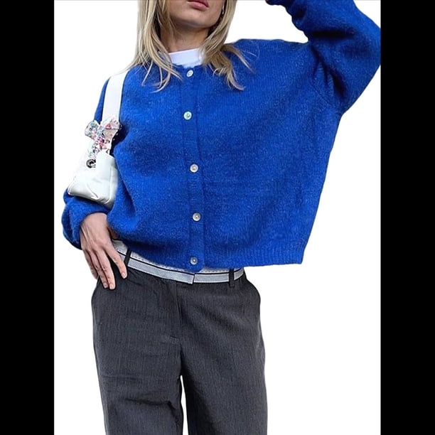 Cárdigan Corto de Punto para Mujer, Camiseta de Corta con Botones y Cuello Acanalado, Prenda Exterior Y2K. Azul L