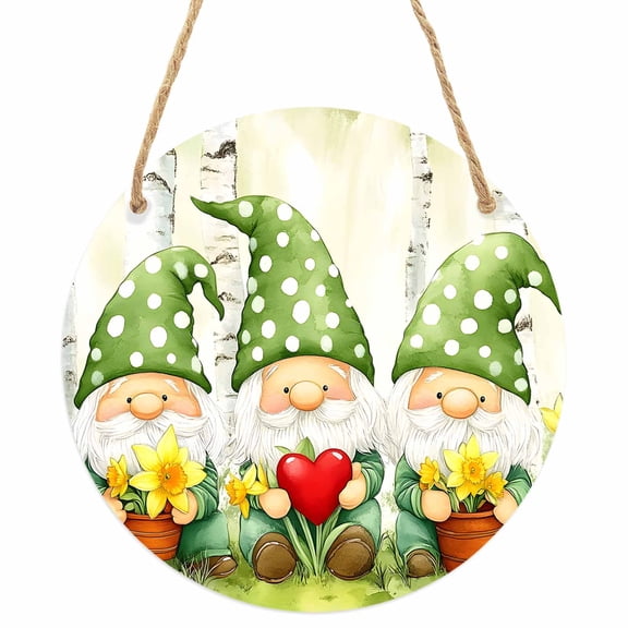 Cute Green Gnomes Round Front Door Welcome Sign, 7.8 Inch Wall Hanging Decor for Indoor Outdoor, Flowers Forest Heart Vintage Home Porch Hanger Decorations for Holiday Gift