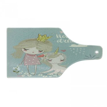 Saying Cutting Board, Composition Little Cartoon Girl Unicorn Never Stop Dreaming Words, Decorative Tempered Glass Cutting and Serving Board, Wine Bottle Shape, Multicolor, by Ambesonne