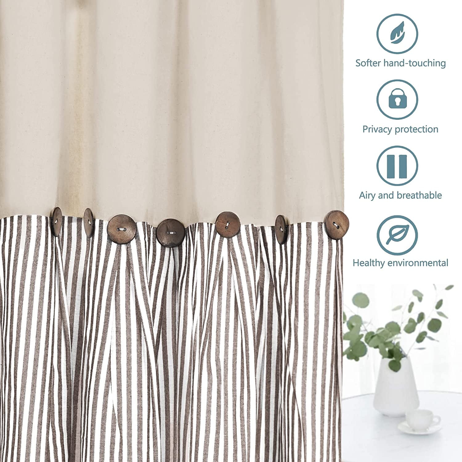 Alishomtll Farmhouse Curtains Natural Brown Stripe Cotton Linen Button Boho Rustic Rod Pocket Back Tab Window Drapes for Living Room ,52 x 84 Inch, 2 Panels